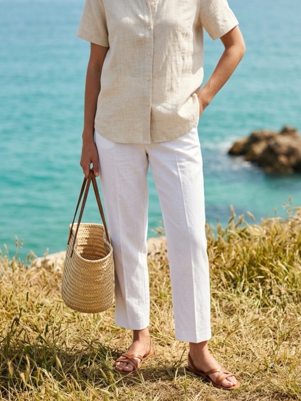 Bandolino White Cropped Pants Womens 12 Linen Blend Workwear Career Chic Beachy